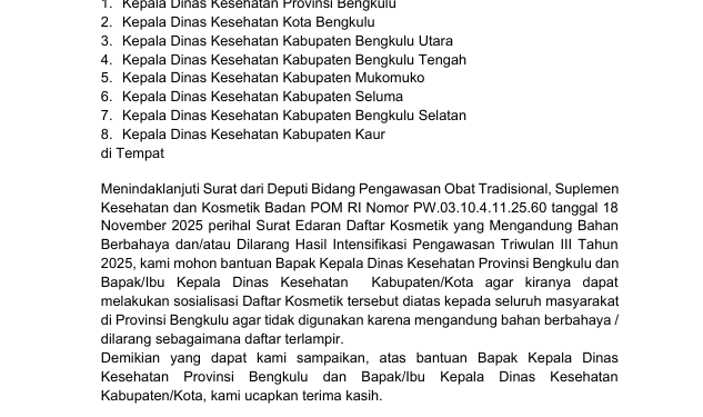 Surat Edaran Daftar Kosmetik yang Mengandung Bahan Berbahaya dan/atau Dilarang Hasil Intensifikasi Pengawasan Triwulan III Tahun 2025